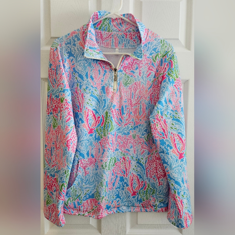 Womens S/M Sweatshirt 14 Zip Pockets Tropical Pink Blue Beachy